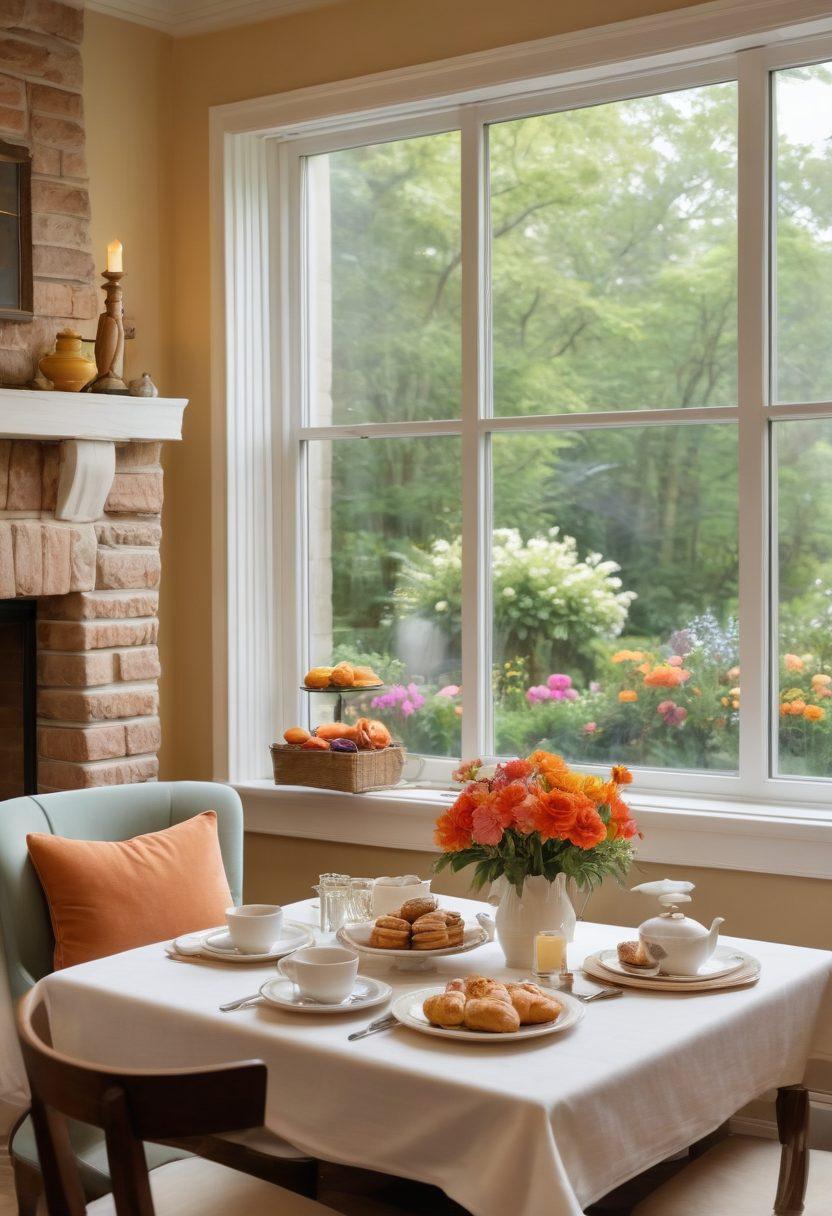A warm and inviting bed and breakfast interior with soft, plush furnishings, a crackling fireplace, and cozy lighting. Display a charming breakfast table set with fresh pastries, tea, and colorful flowers. Include a window view showcasing a lush garden outside. The atmosphere radiates relaxation and comfort, inviting guests to unwind. super-realistic. vibrant colors. warm tones.