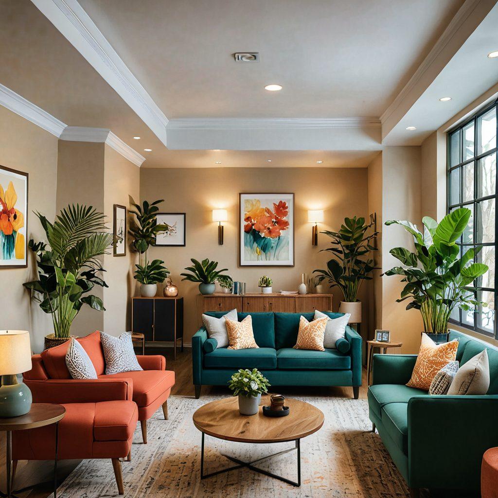 A cozy, warmly-lit reception area with a smiling host welcoming diverse guests, surrounded by lush potted plants and soft, inviting furniture. Background elements include a subtle display of local art and a coffee table set with complimentary refreshments, evoking a sense of comfort and warmth. the atmosphere radiates hospitality and genuine care. soft focus. vibrant colors. 3D.