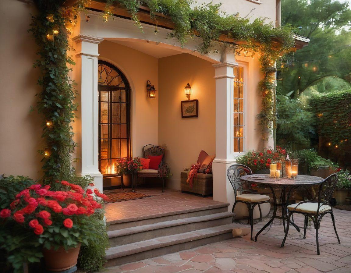 A quaint, cozy inn nestled among lush greenery, with twinkling fairy lights adorning the entrance. A couple shares a romantic candlelit dinner on a charming patio, surrounded by vibrant flowers and soft sunset hues. Include a warm fireplace glowing in the background, casting a romantic ambiance. Elements of love, such as heart-shaped decorations and a bottle of wine, subtly included. super-realistic. warm colors.